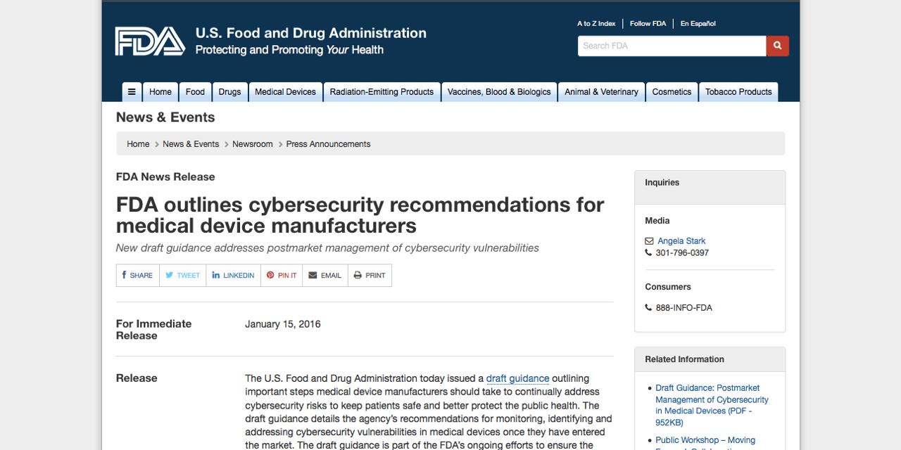 FDA Issues Draft Guidance on Cybersecurity